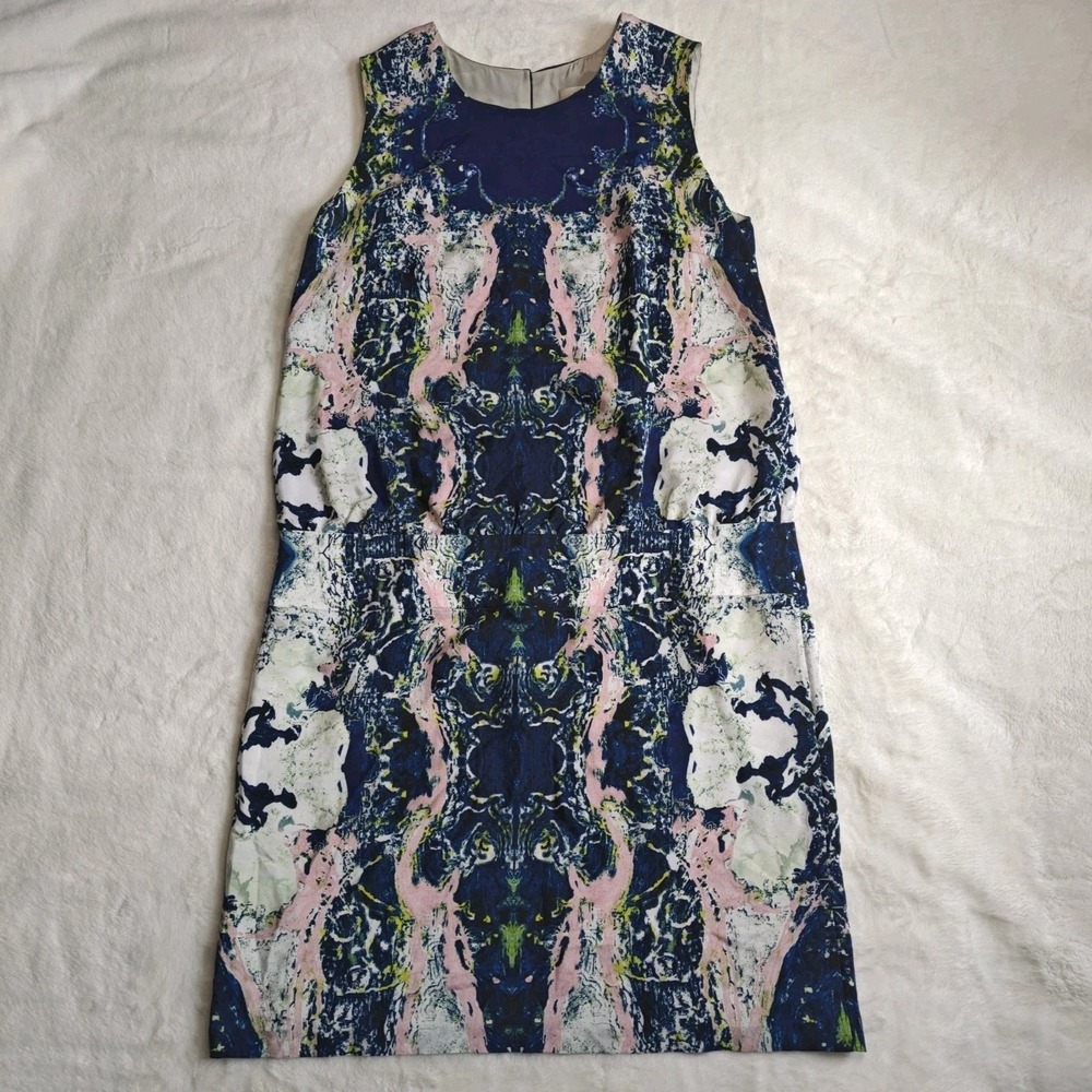 Brian Reyes Size 8 Or Medium Silk Drop Waist Abstract Blue Mini Dress Sleeveless